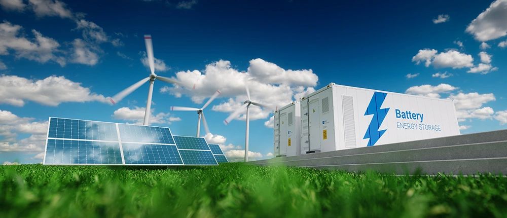 Renewable energy setup with solar panels, wind turbines, and battery storage.