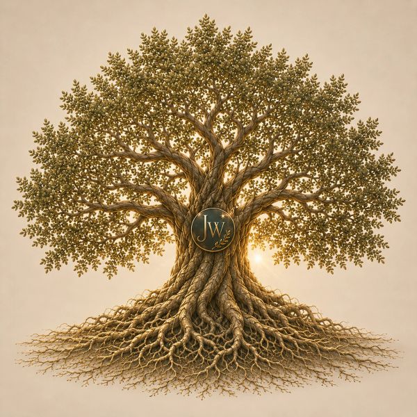 A majestic tree with intertwined roots and the initials JW on a medallion.