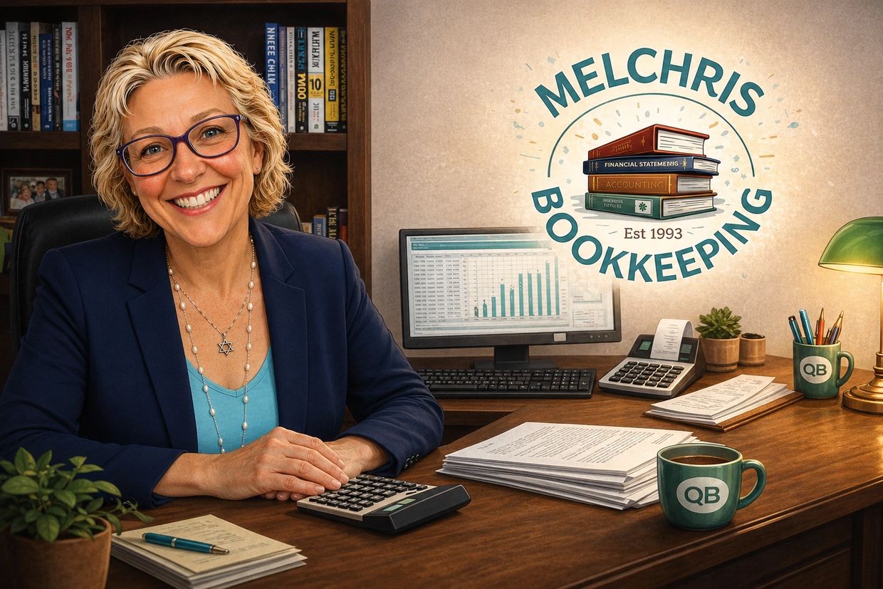 Professional bookkeeper Melissa working at her desk with financial reports and QuickBooks Online.