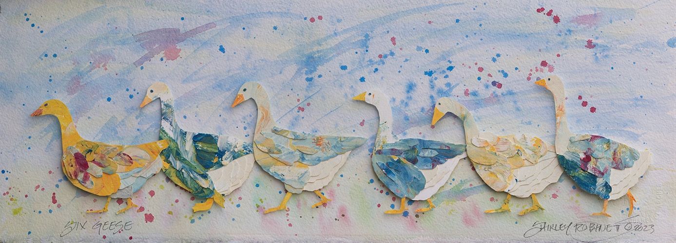 Image of six frolicking geese, created by artist Shirley Robinett