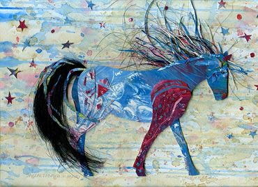 A colorful horse happily prancing among the stars as if she is dancing in heaven.