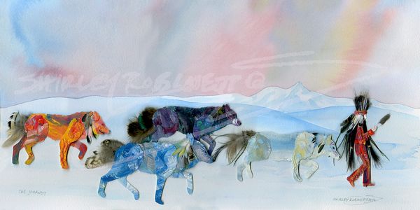Watercolor painting of a Native American with spirit wolves under a colorful sky.