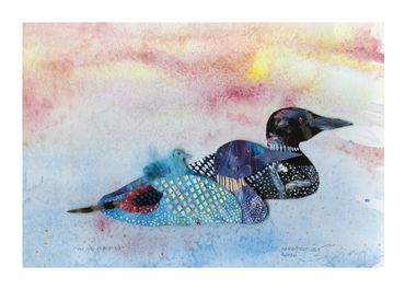 Two loons and a baby loon soaking up the evening sunset.