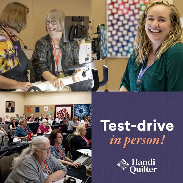 People enjoying quilting workshops and smiling at a Handi Quilter event.