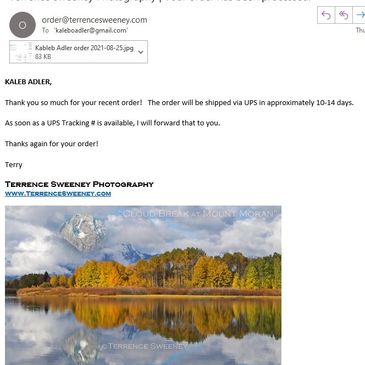 Terrence Sweeney Photography confirmation Email once order is received.