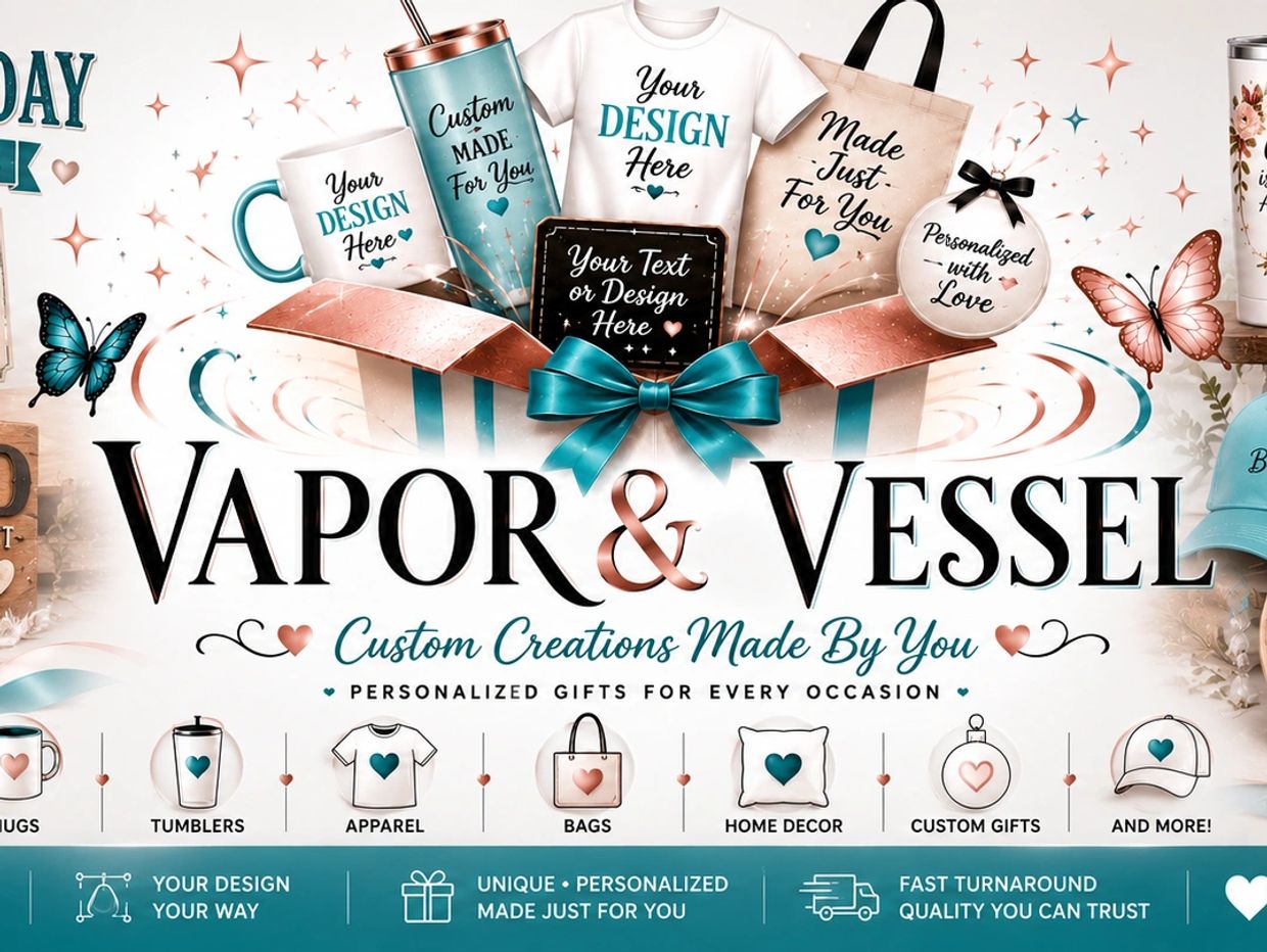 Customizable gifts with your design on mugs, tumblers, apparel, bags, and more.
