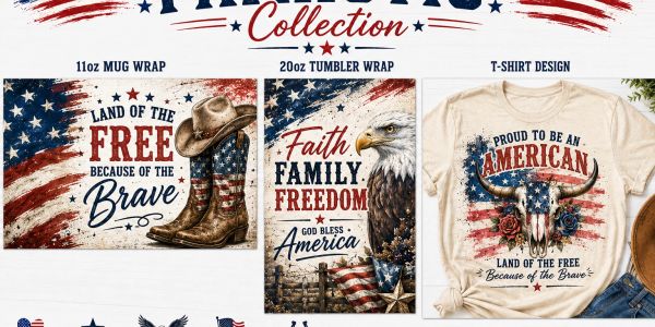 Patriotic designs featuring American flags, boots, and eagles for mugs, tumblers, and t-shirts.