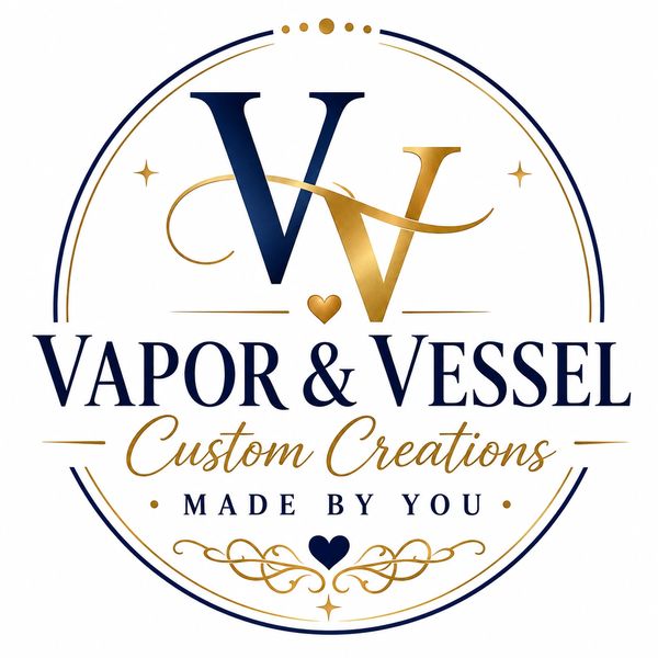 Elegant logo for Vapor & Vessel Custom Creations with gold and navy design.