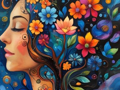 Profile of a woman with flowers integrated into her hair.