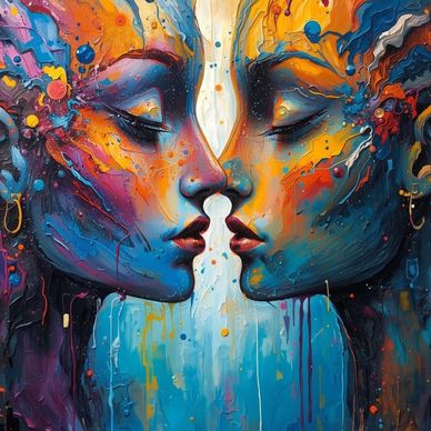 Colorful abstract painting of two faces almost kissing.
