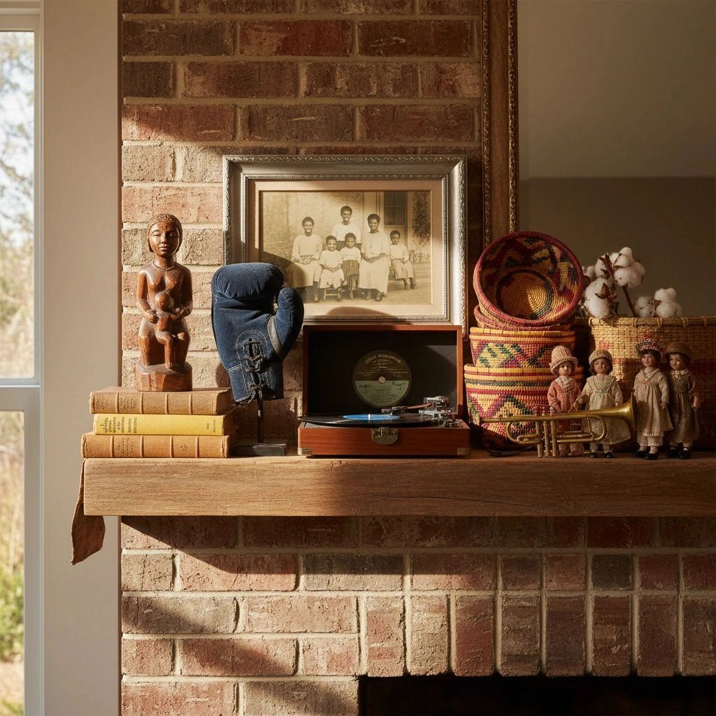 Mantle with vintage items including a boxing glove and old photo.