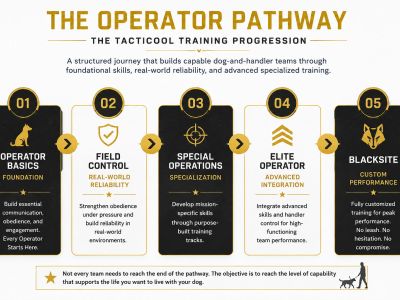 Infographic showing the five stages of tactical training progression for dog-and-handler teams.