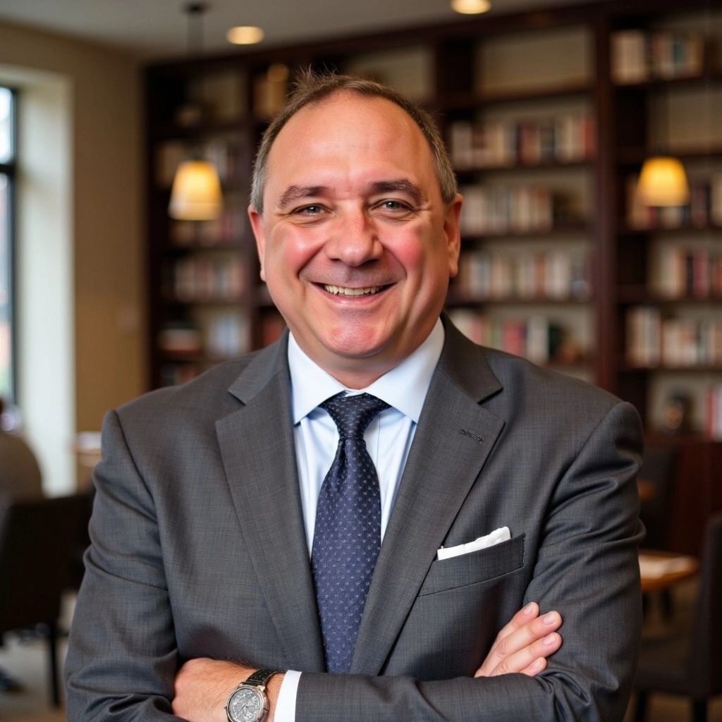 Smiling man in a gray suit standing confidently with arms crossed in a library setting.