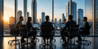 Business meeting with six professionals in a modern office at sunset.