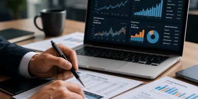Person analyzing financial data with charts on laptop and paper reports.