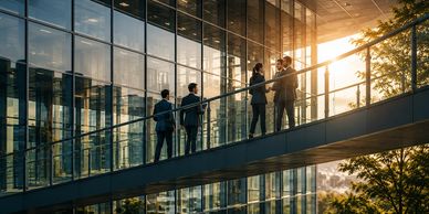 Business professionals conversing on a glass walkway during sunset.