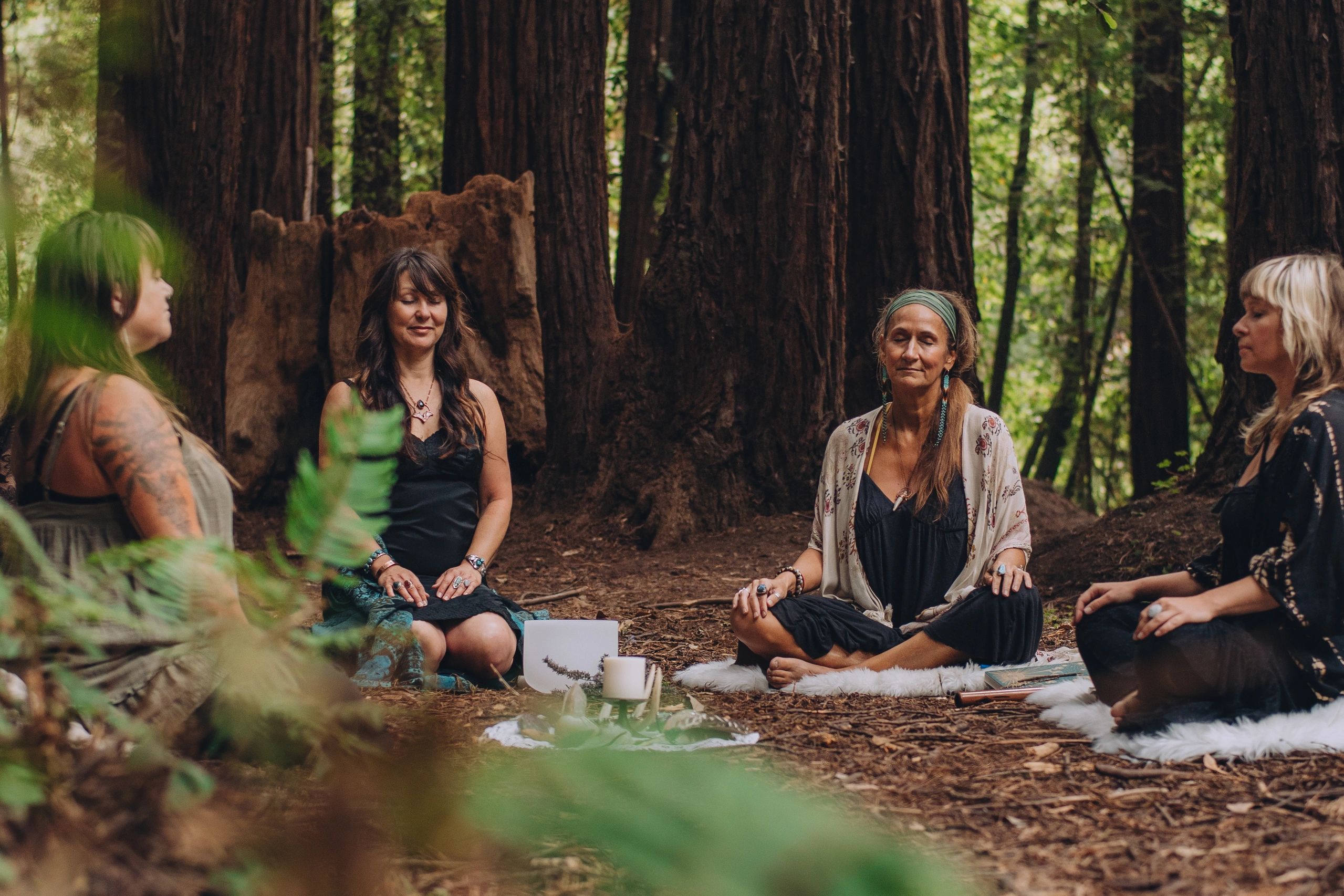 Women seated in meditation circle in forest wellness retreat.