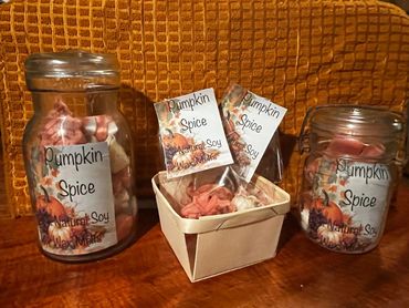 Jars and basket of pumpkin spice natural soy wax melts.