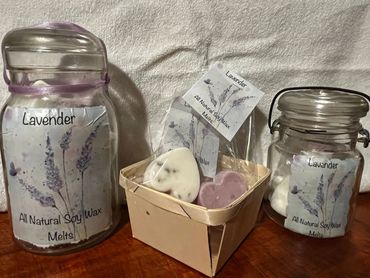 Lavender-scented all natural soy wax melts in jars and a basket.