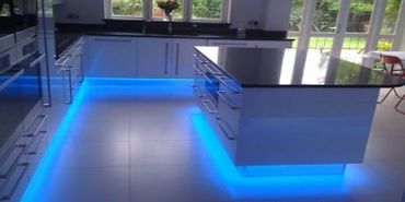 Blue LED kickplate lighting in East Kilbride — MW Installation, kitchen LED fit across Central Belt