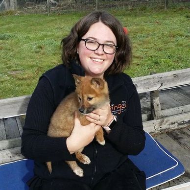 Woman with glasses holding a small brown puppy outdoors on a bench.
