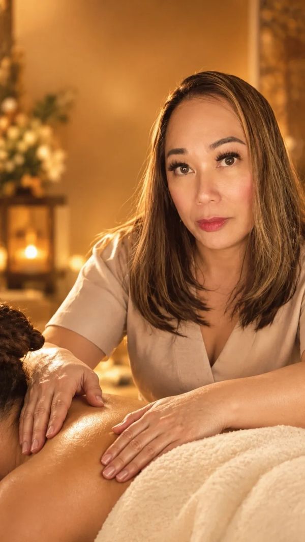 A woman giving a relaxing back massage.