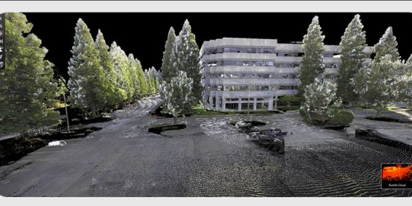 3D point cloud of a building and trees.
