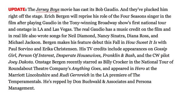 Persona Management credited for booking former client Erich Bergen in the film Jersey Boys