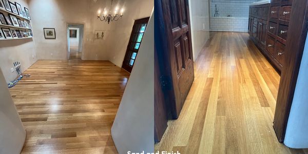 Side-by-side comparison of wooden floors before and after sanding and finishing.