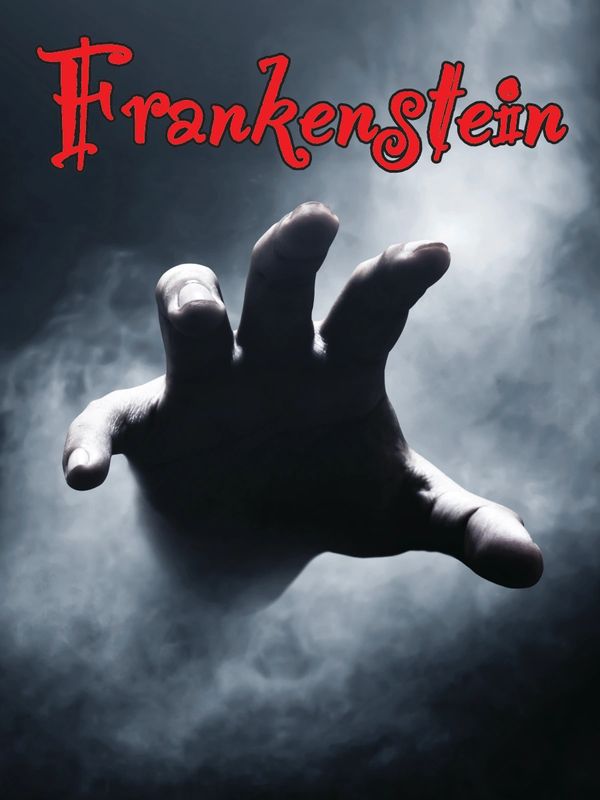 A dark hand emerges from mist under the red word Frankenstein.