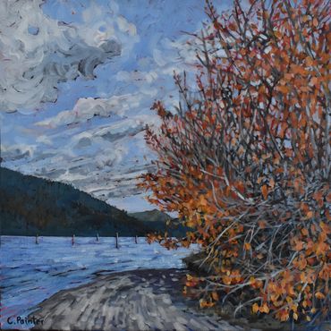 Cowichan Bay in fall bushes with orange leaves