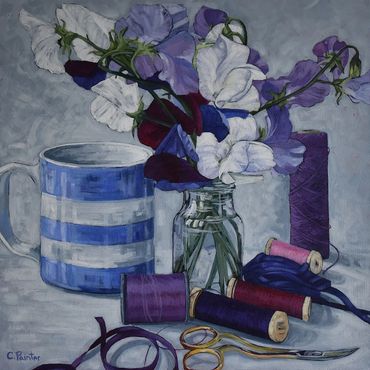still life with Sweet peas striped blue coffee mug and sewing notions