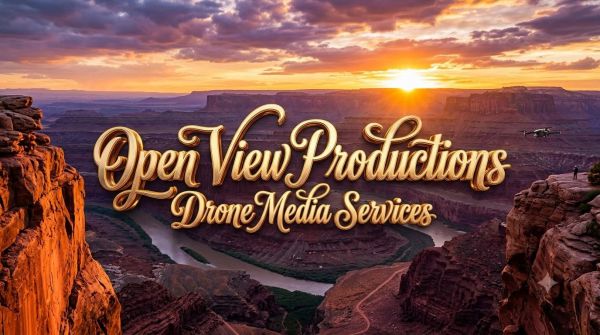 Golden text logo for Open View Productions over canyon sunset with drone.