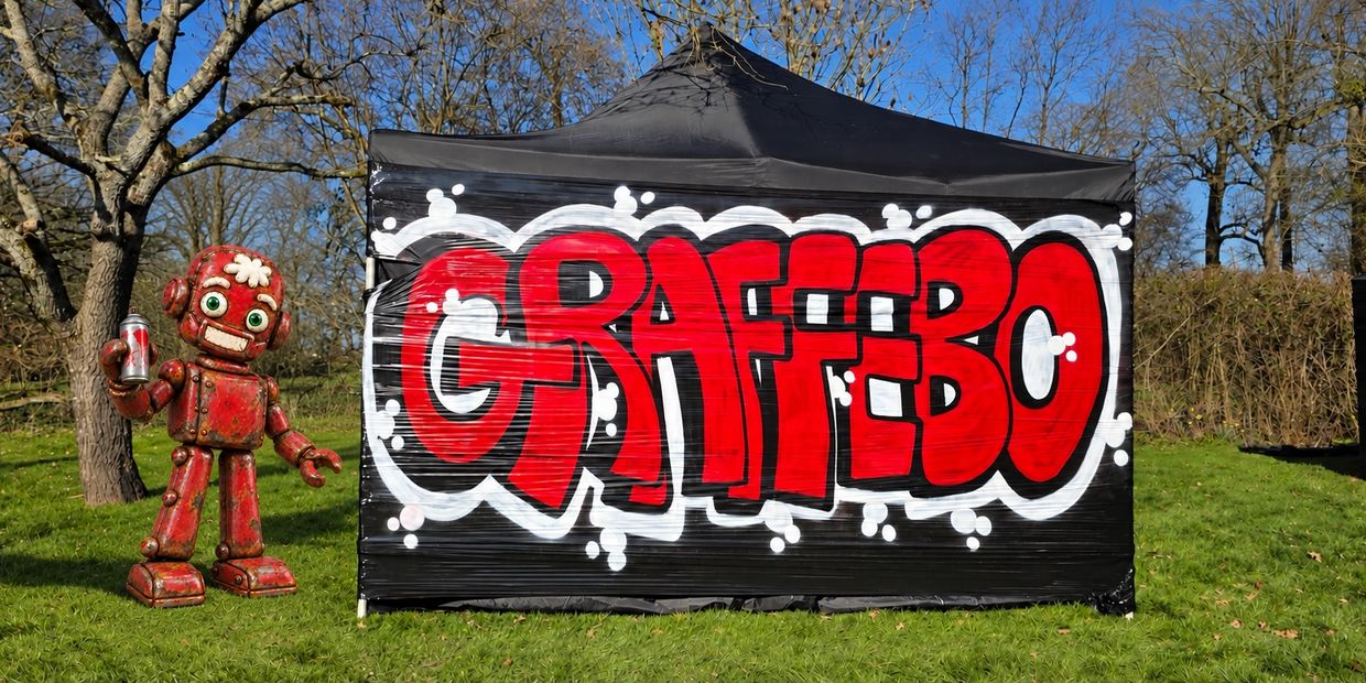 Red robot with spray can next to a graffiti tent.