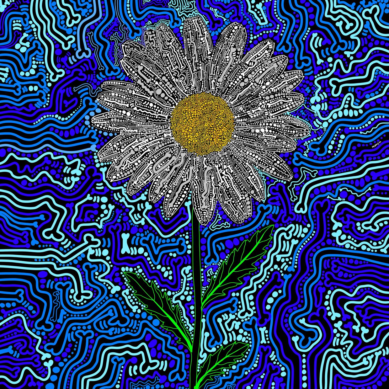 Intricate daisy with blue abstract background.