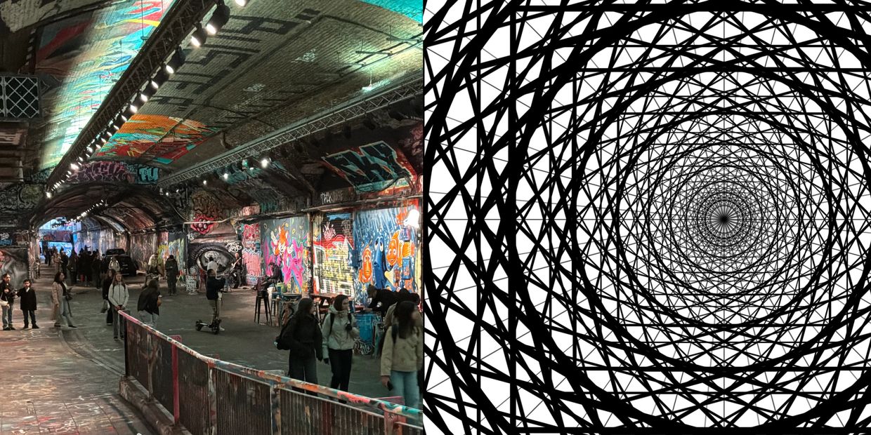 Urban graffiti tunnel and abstract geometric pattern.