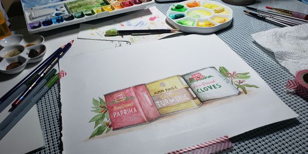 Vintage spice cans, mixed media.