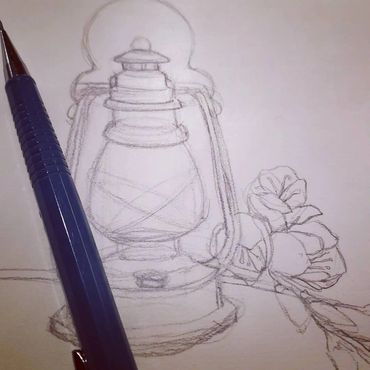 pencil sketch of flowers with antique lantern