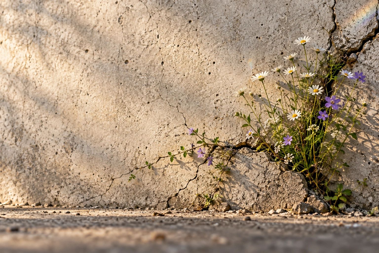 White daisies and purple wildflowers growing through cracks in sunlit concrete.