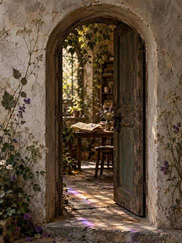 An ivy-covered stone arch opens into a warm room, with purple light across the threshold.