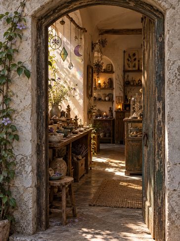 A sunlit workshop through a weathered arch, with shelves, plants, and warm lights.