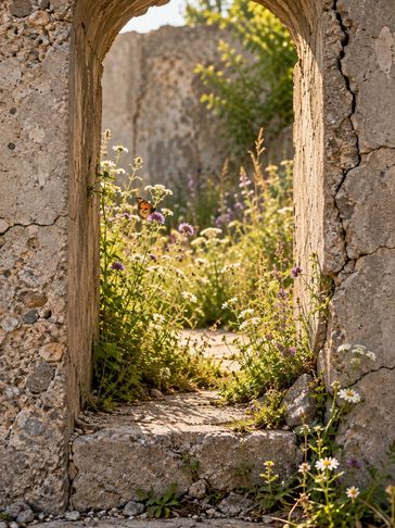 White and purple wildflowers reclaim a sunlit stone arch, with a butterfly among the greenery.