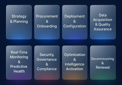 Workflow stages including strategy, onboarding, deployment, and quality assurance.