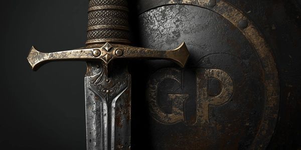 A weathered medieval sword and shield with the letters 'GP' engraved on the shield.