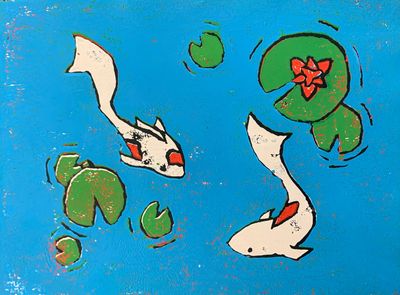 Final Artwork, Coy Fish, reduction linoprint, Year 8 student