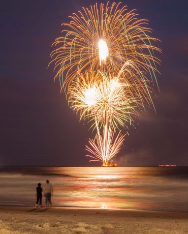 4th of July fireworks at Long Beach, NY, over the Atlantic Ocean.