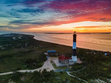 Fire Island Lighthouse at sunset, from above.