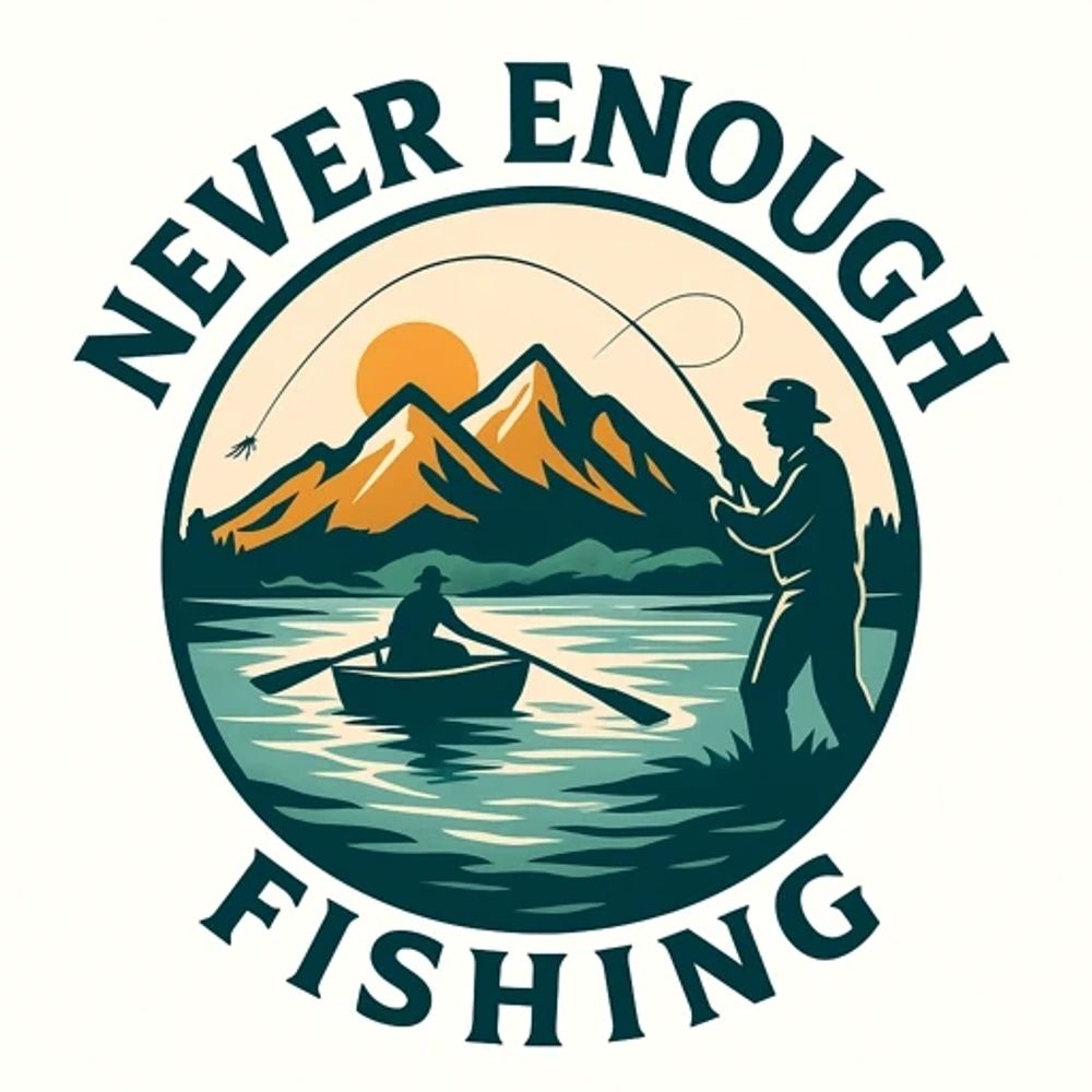 Logo showing fishing scene with mountains, a boat, and the text 'Never Enough Fishing'.