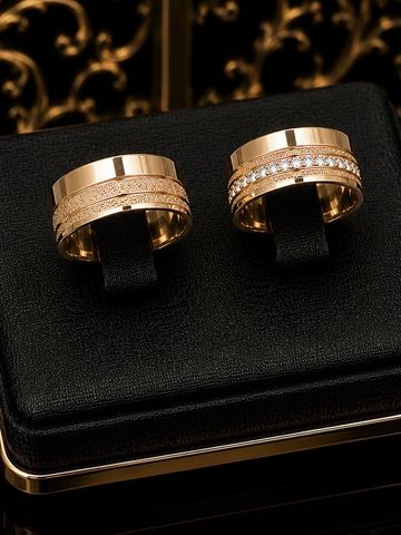 Two elegant gold rings with intricate designs on a black display stand.