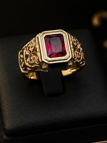 Anel dourado com pedra vermelha.